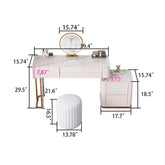 Beige dressing table set with drawers, stool, and mirror for makeup and vanity
